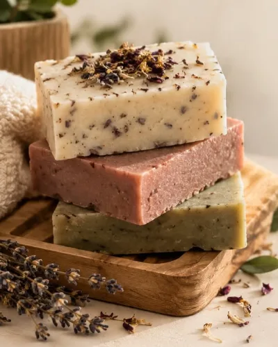Pilha de três barras de sabonete, creme com pétalas secas, rosa e verde, sobre bandeja de madeira com lavanda